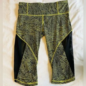 Lululemon Run With The Sun Crop Leggings Size 12 Neon Yellow Black Mesh Panels